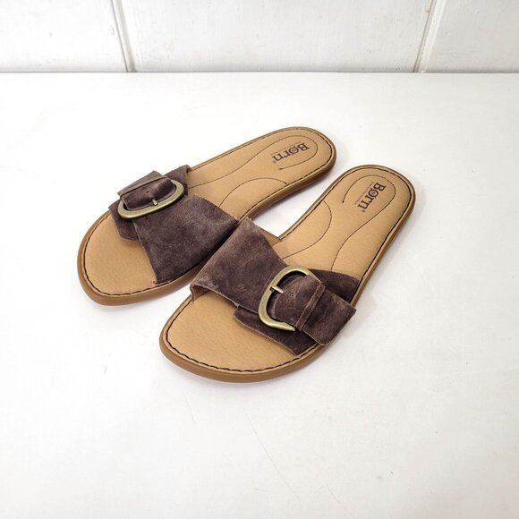 Born Miarra Brown Suede Slide Sandals With Buckle Detail & Comfort Insole Women' - Picture 2 of 4